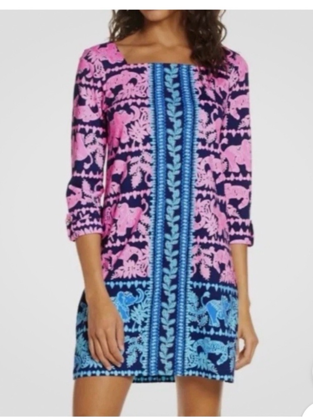 Lilly Pulitzer Pink and Blue Printed Square-Neck Shift Dress